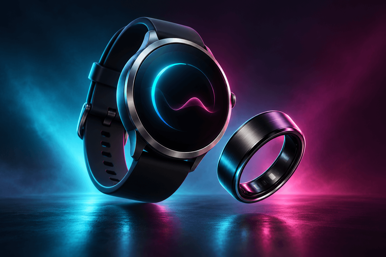 Concept illustration of a black smartwatch and titanium smart ring illuminated by cyan and fuchsia light.