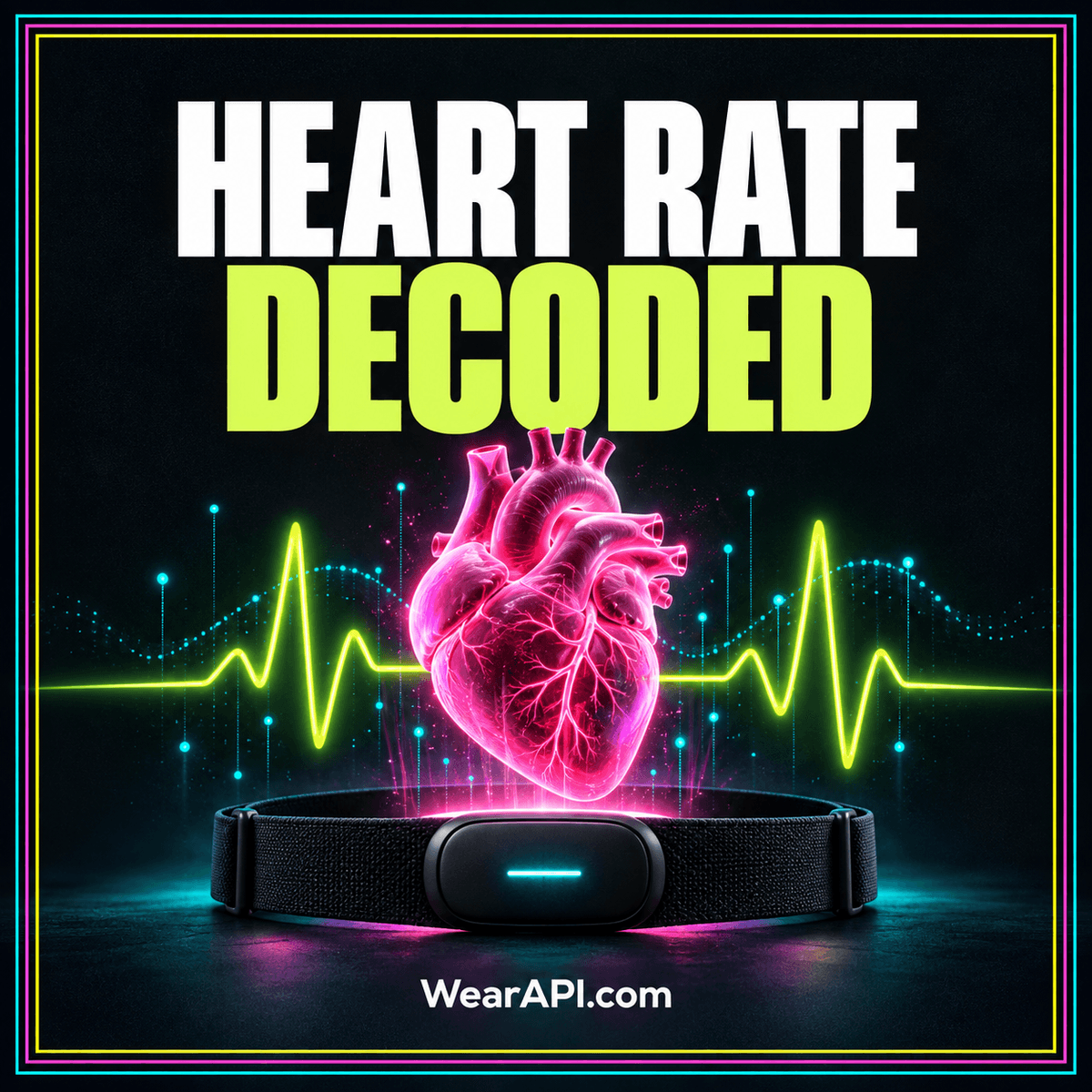 Neon heart rate monitor and packet symbols framed by multicolor stripes with WearAPI.com branding.