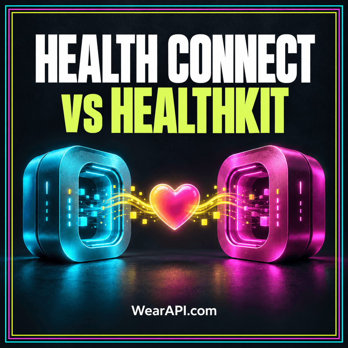 Neon comparison card reading Health Connect vs HealthKit, with two connected data-store symbols and WearAPI.com branding.