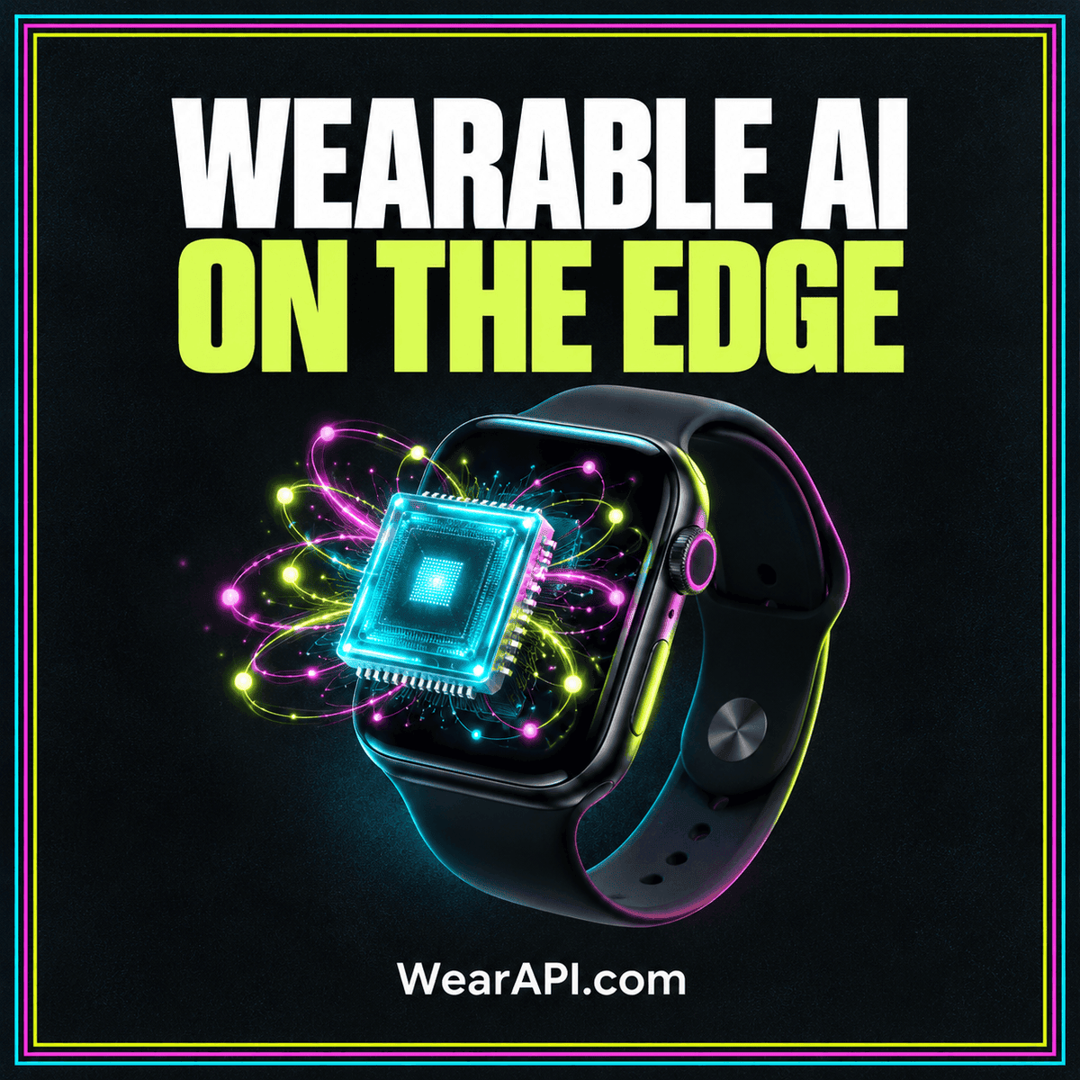 Neon on-device wearable AI card showing a sensor stream flowing through a compact processor