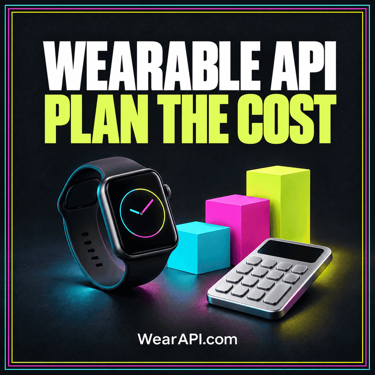 Neon wearable API cost planning card with a connected watch and workload calculation symbols