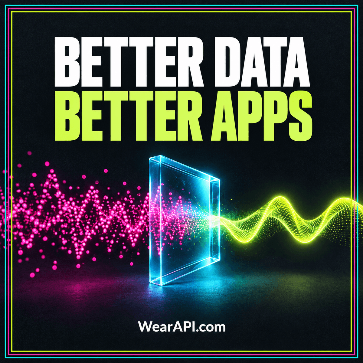 Neon data points and branching time markers framed by multicolor stripes with WearAPI.com branding.